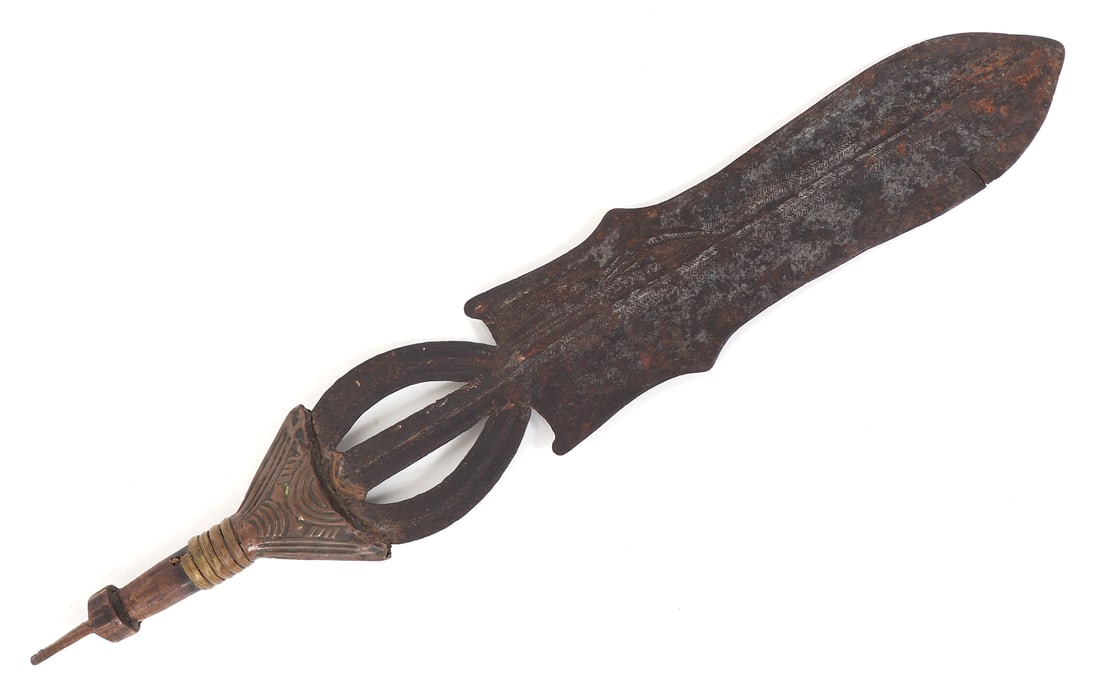 Ceremonial Warrior's Short Sword, Congo: African Congo warrior's short sword with a beautifully decorated handle in brass and embossed copper. The blade a double edge with openwork ricasso area and a wide steel blade with raised medial ridge