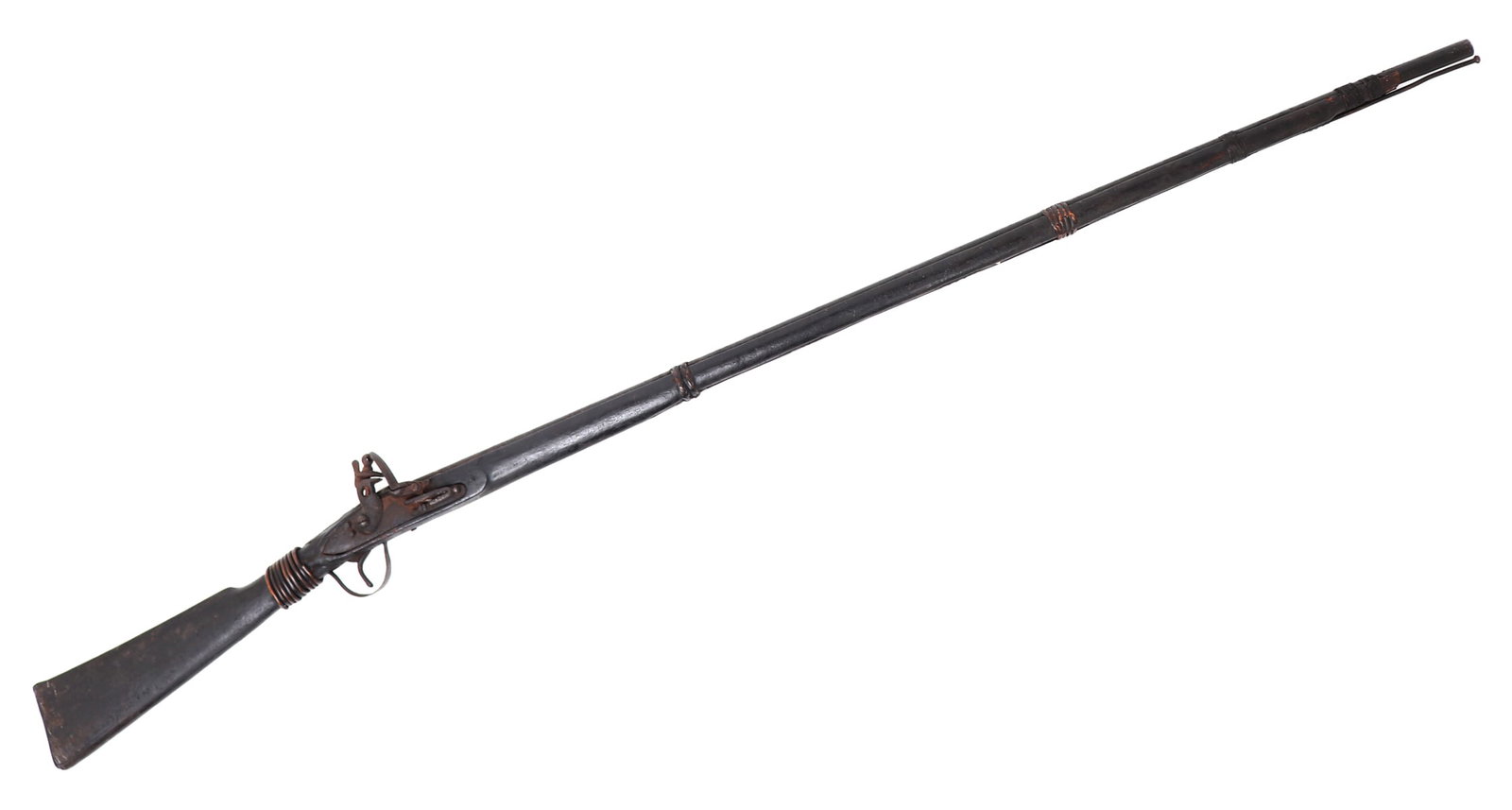 Fur Trade Musket Rifle: Old fur trade muzzleloading rifle with flintlock firing mechanism. Wound band of copper to stock. Rattan barrel bands. Size 64 1/2" L, barrel 47 1/4" L Ex-USA Collection