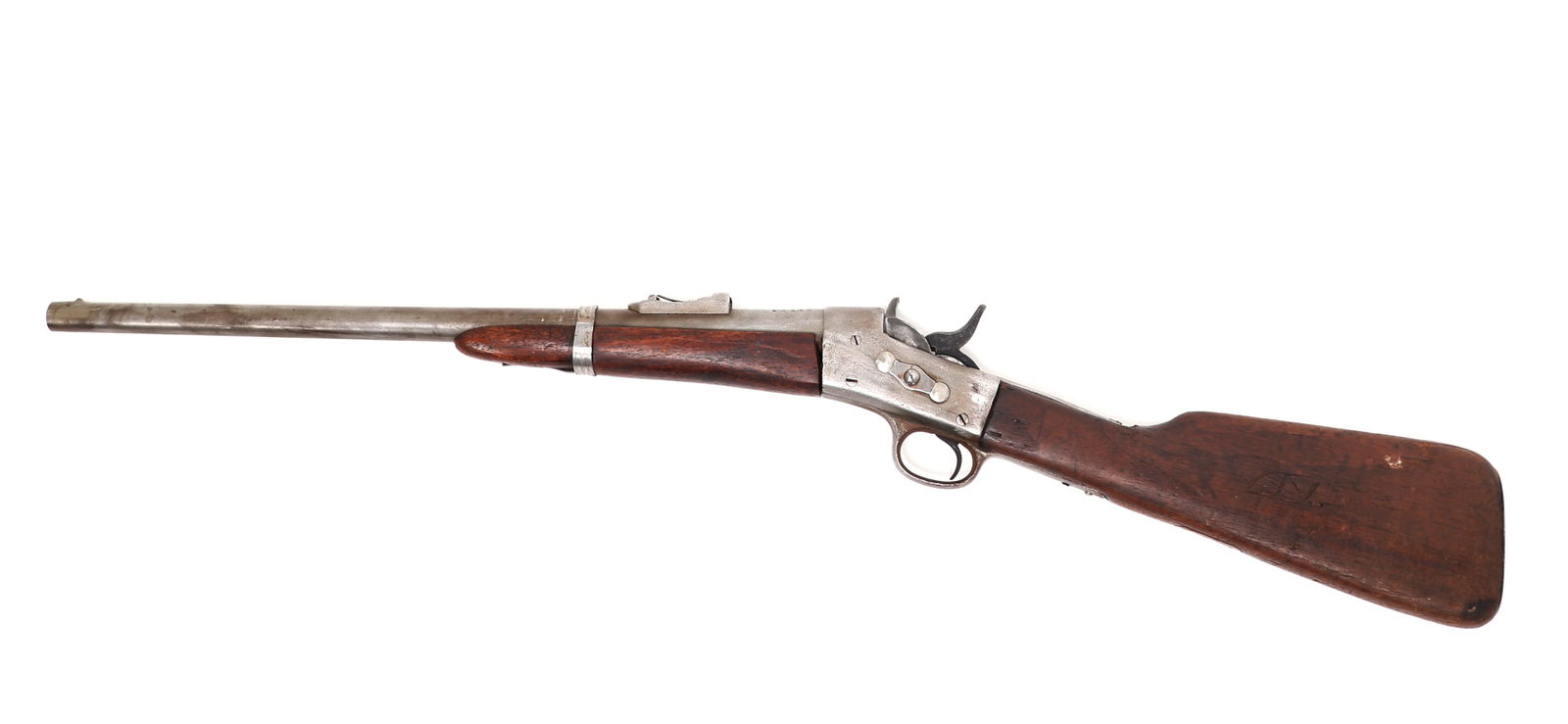 Pre-1898 Percussion Remington Rolling Block Rifle: Early pre-1898 Remington rolling block percussion rifle used in Egypt circa 1943. The rolling block features breech-loading. Inscription to the top of the barrel. Size 36" L, barrel 19 1/4" LEx-Southe