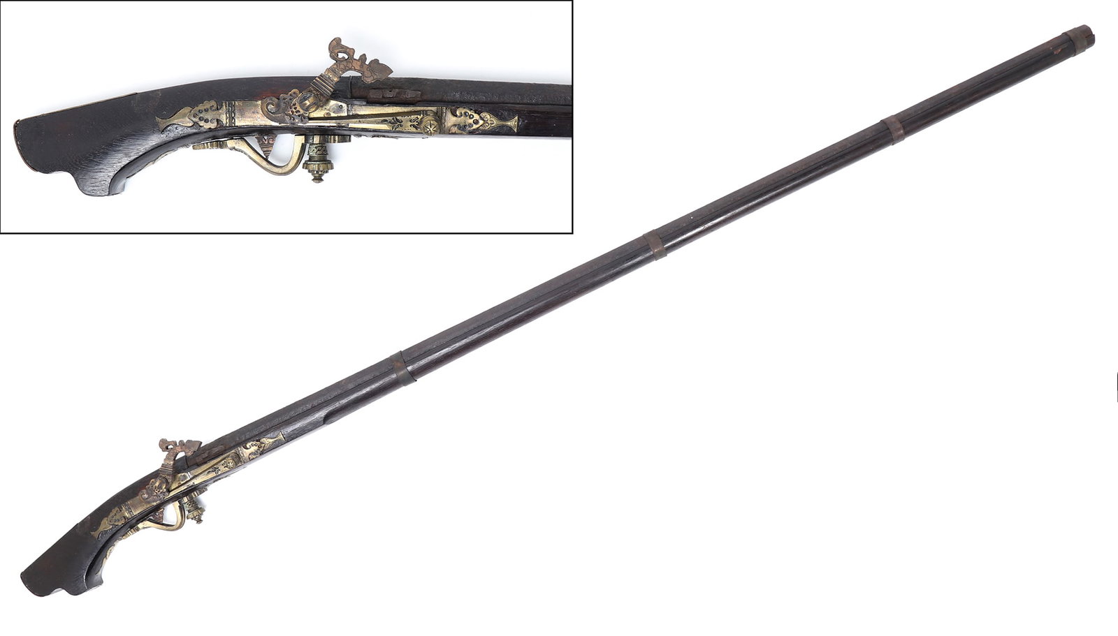 Scarce Malay "Istinggar" Matchlock Musket Rifle, 17th / 18th c.: Maritime Southeast Asia, Malaysian, istinggar or matchlock musket rifle with influence from the Portuguese word espingarda or arquebus, probably late 17th or 18th century. Dark ebonized wood stock wit