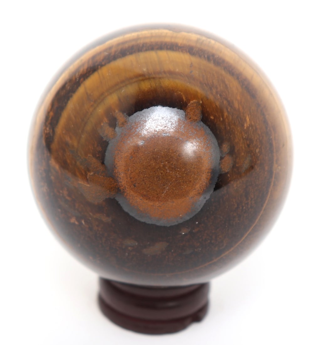Gorgeous Tiger's Eye Polished Sphere: Natural raw polished tiger's eye sphere with incredible caramel and gold banding throughout. 2" W x 2" H, custom stand included