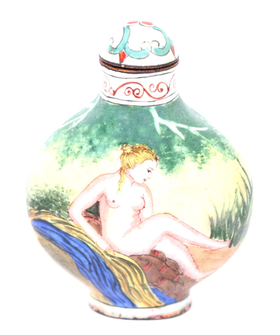 Chinese Enamel Bathing Beauties Snuff Bottle: Hand painted enamel metal Chinese snuff bottle, depicting nude bathing beautiful women to each side. Blonde haired woman sits among the water presumably washing her feet, while the brunette stairs bac