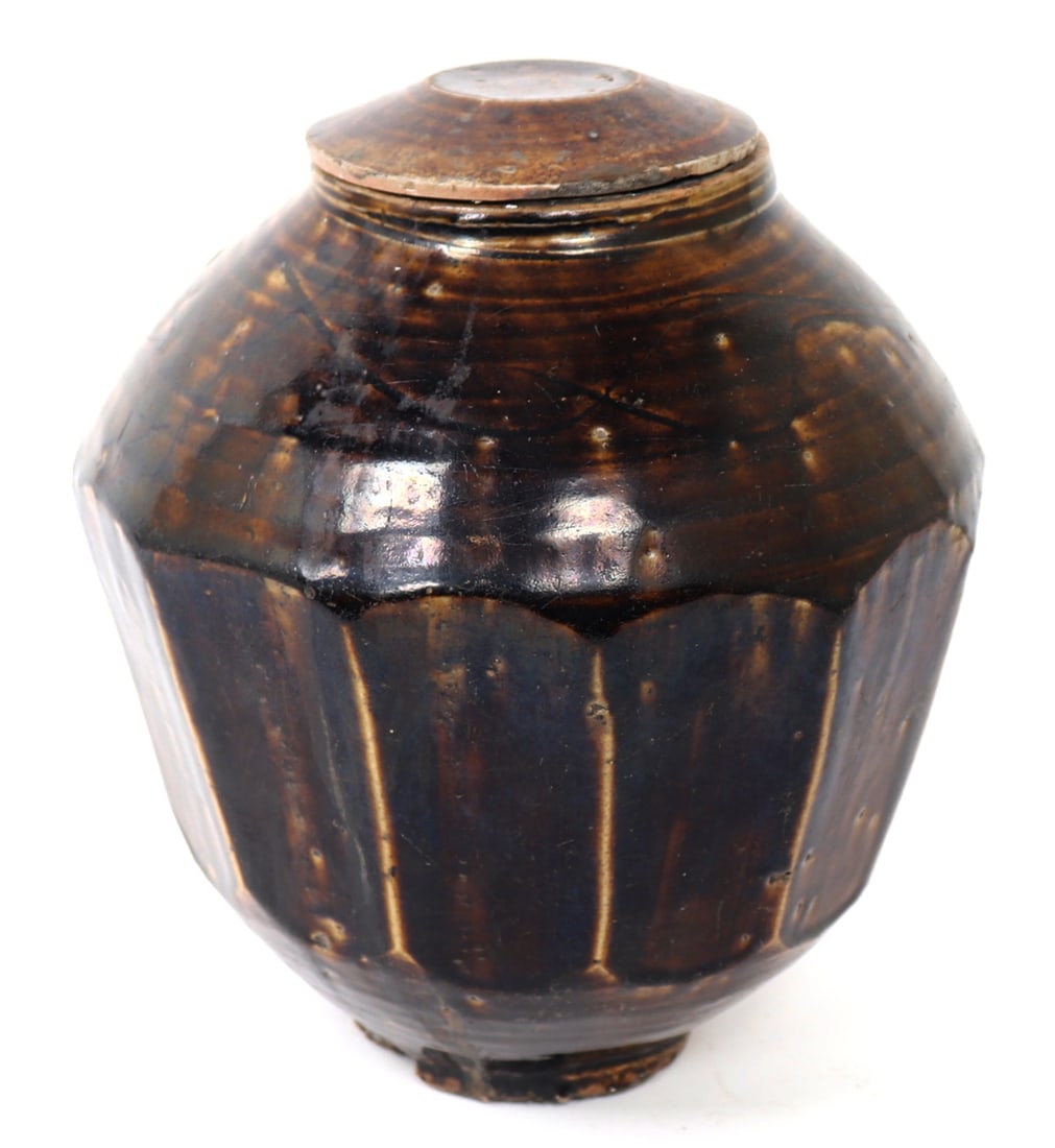 Korean Brown Stoneware Faceted Vessel, Joseon Dynasty 1392-1910: Early antique Korean brown stoneware multi-faceted vessel with lid. Joseon dynasty 1392-1910 but probably 18th/19th century. Multifaceted shape with 12 sides.9" H x approx. 7" WEx-Pasadena Collection