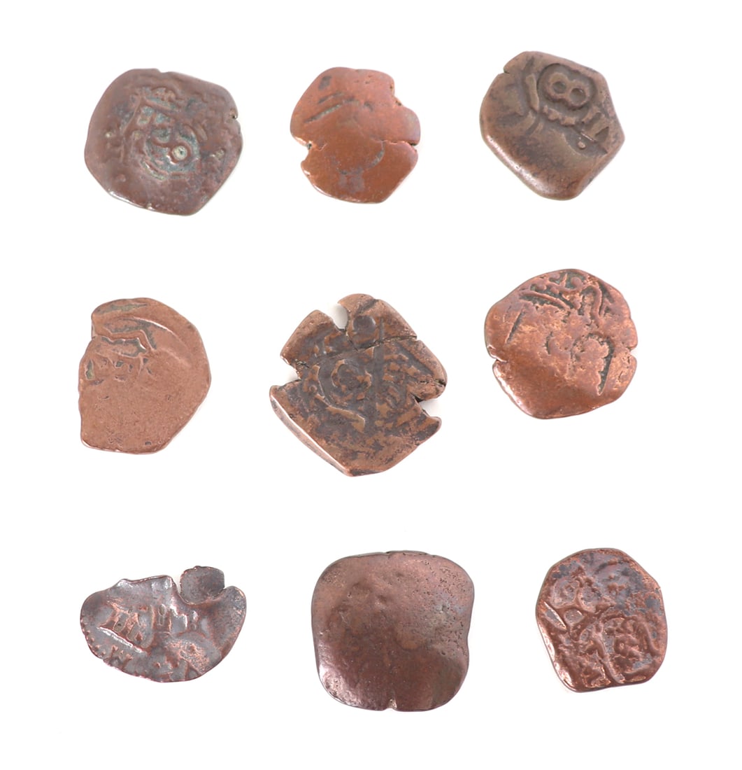 Collection of 9 Spanish Shipwreck Copper Cob Coins, circa 1600's (1 of 2)