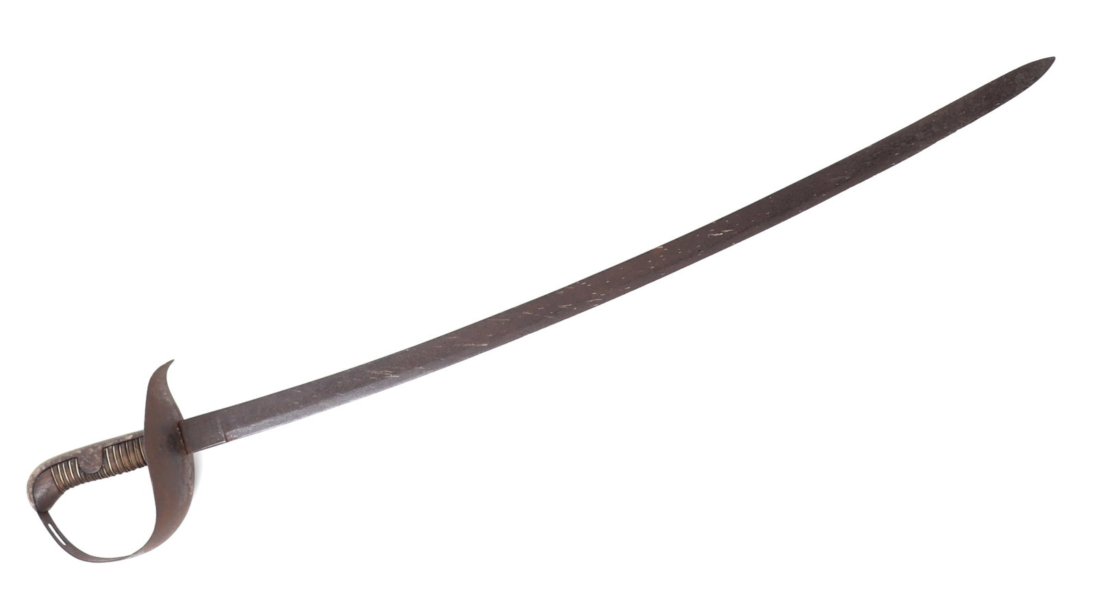 Spanish Artillery Saber: Antique Spanish Cutlass Sword. Long Single edge blade with slight curve. Handle with a wide dished form and connected to fitted pommel. Ricasso marked (Artilleria, Fabrica, De, Toledo, 1895). Grip in 