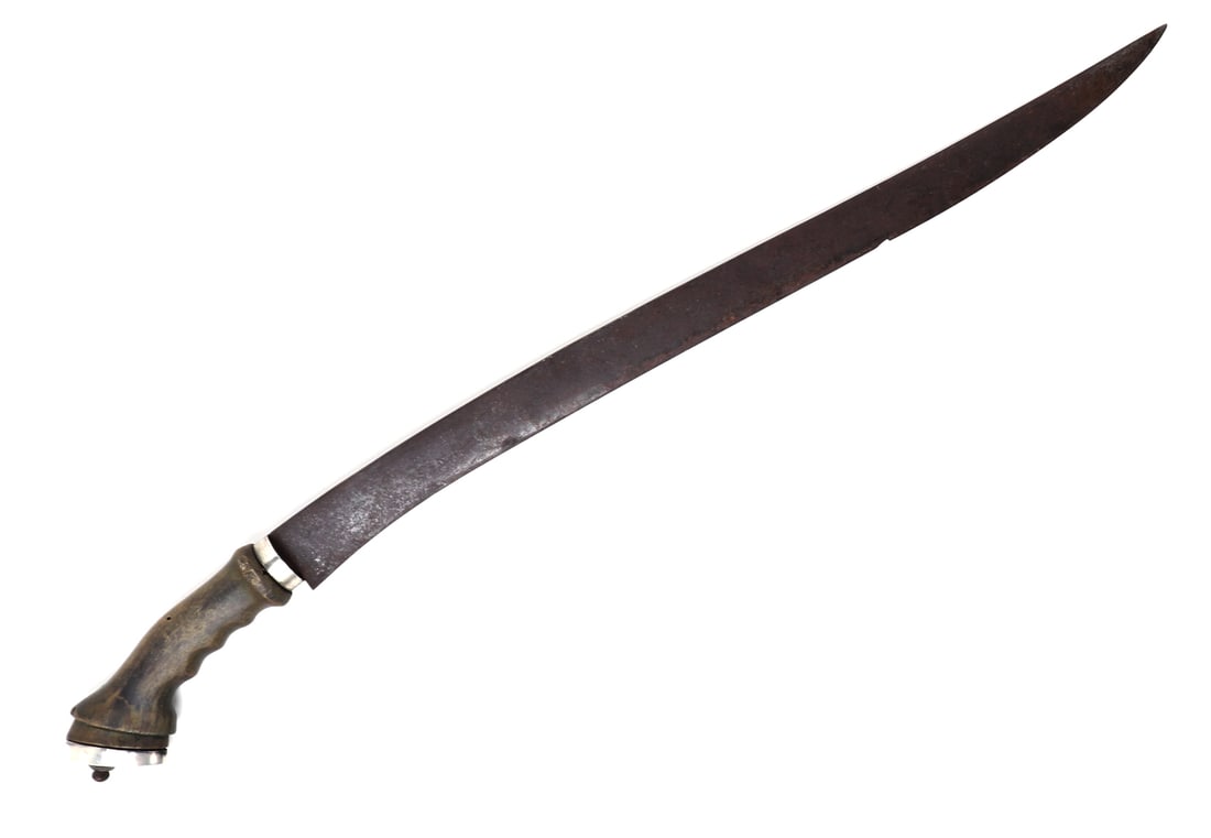 Large Philippines Silver Mounted Sword: Large example of a Philippines silver mounted sword with a long single edge blade slightly recurved. Handle in a greenish black tinted hue. Peened pommel. Size 26 3/4" L, blade 20 1/2" L Ex-Southern C