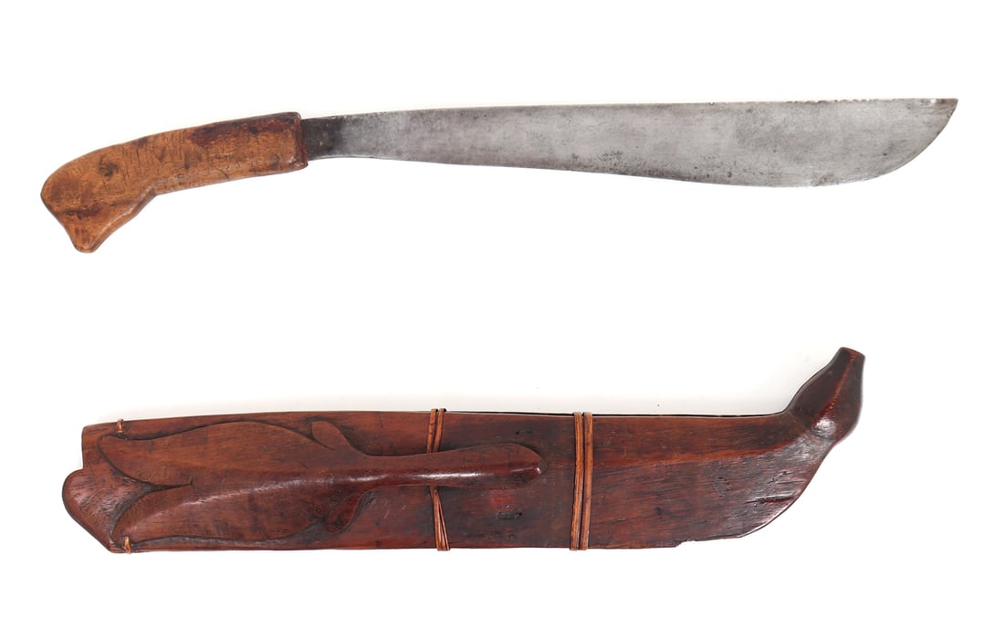 Mindanao Bolo Sword w/Scabbard, 19th c.: Philippines Archipelagos, Mindanao Bolo a medium sized sword with scabbard, probably late 19th century. Knife with a single edge laminated steel blade. Rifle butt carved handle. Scabbard in an exotic 