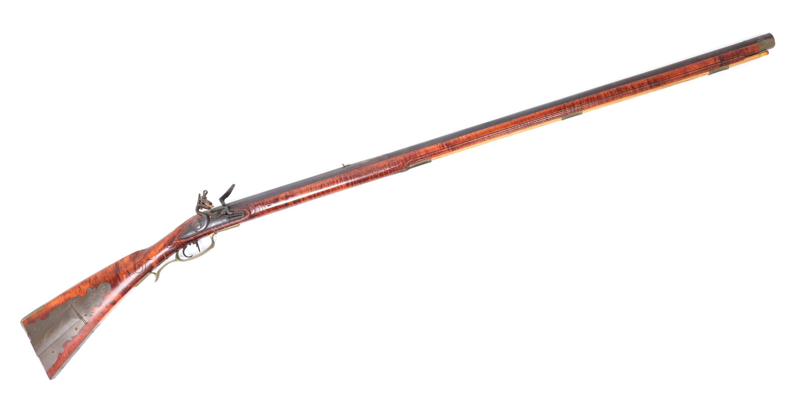 Maple Flintlock Kentucky Rifle: American Flintlock Kentucky rifle in curley maple with full stock. Contemporary manufacture with some age. Inlaid in brass panels and decoration including inlaid stars to the end of the stock and chee