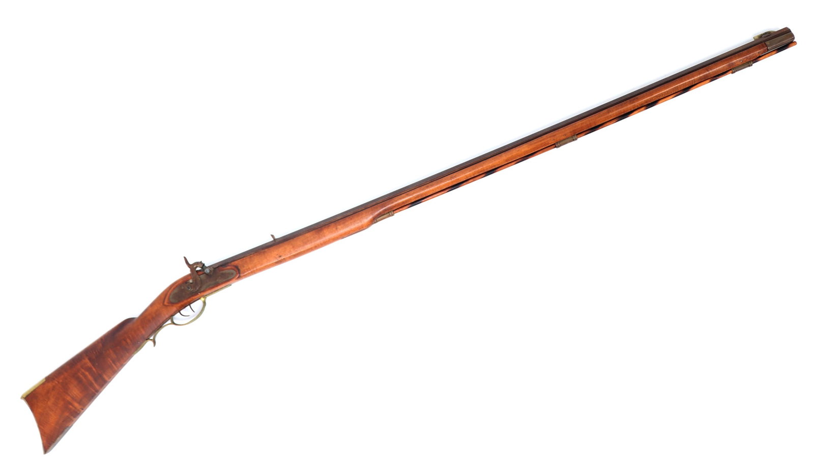 Vintage Percussion Maple Wood Kentucky Rifle: Old vintage Kentucky rifle with percussion lock firing mechanism and full stock. Carved in a light maple with varying patterns of wood. Double trigger. Size 59" L, barrel 43 1/2" L Ex-Southern Califor