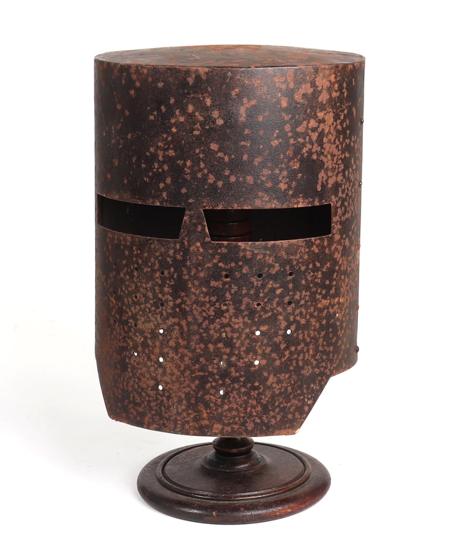 European Pot Helm, Toledo: Old Victorian Toledo great helm or pot helm with simplistic cylindric form and flat top steel top. 11 1/4" HSouthern California Arms and Armour Collector