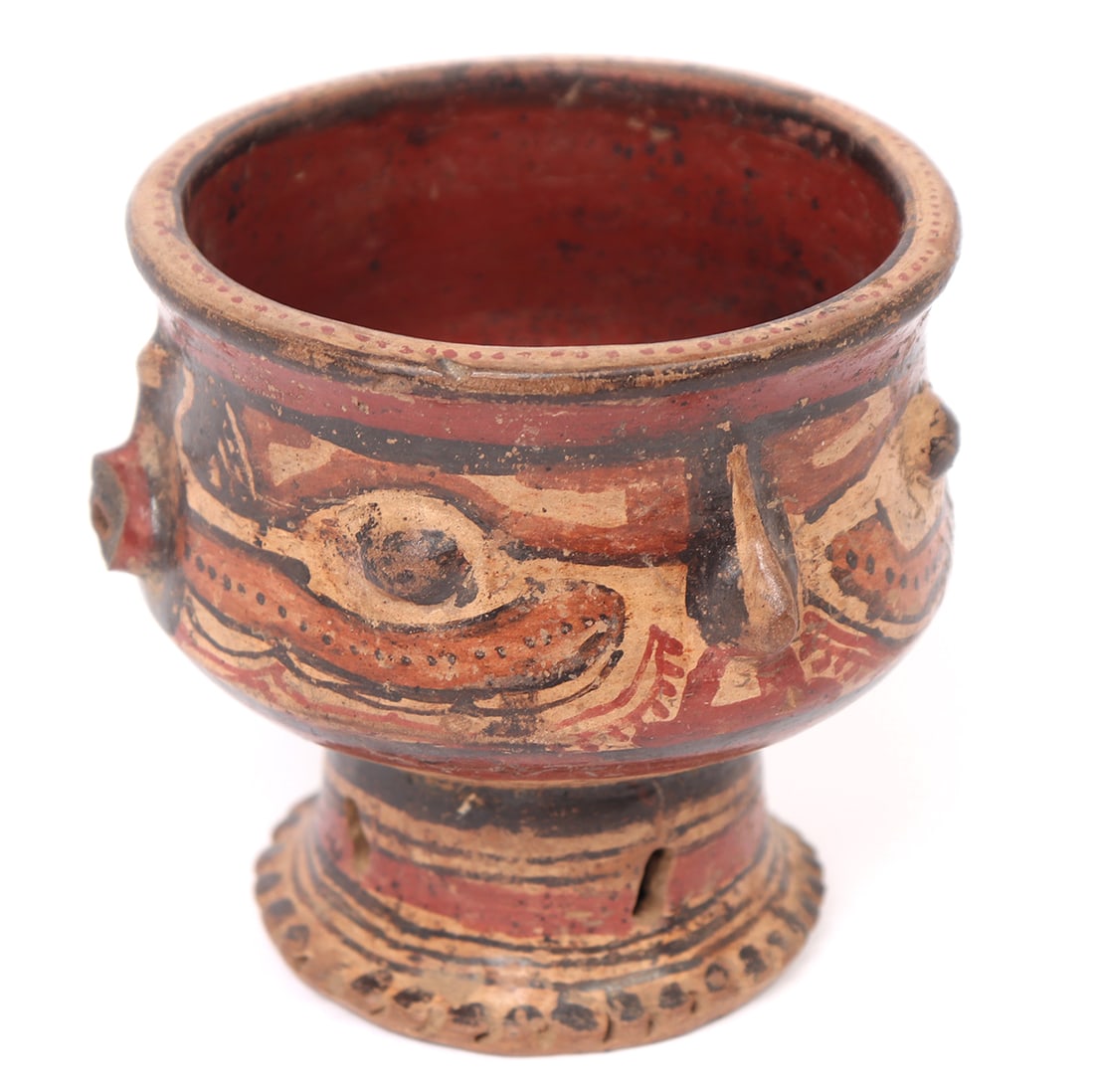 Costa Rican Anthropomorphic Chalice, Rattle: Guanacaste Nicoya region, circa 200 to 600 CE. Polychrome chalice with trophy heads, corset handle and wide foot. Lavishly painted throughout with high relief nose and ears. Pierced holes with seeds a