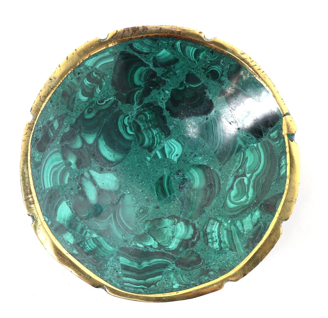 Beautiful Solid Malachite Bowl with Gold Rim: Solid piece of raw malachite polished and shaped into a lovely bowl for a mantel, dress or side table. Can be used to store keys, jewelry, coins or trinkets. Size 3 7/8" W, 187 grams