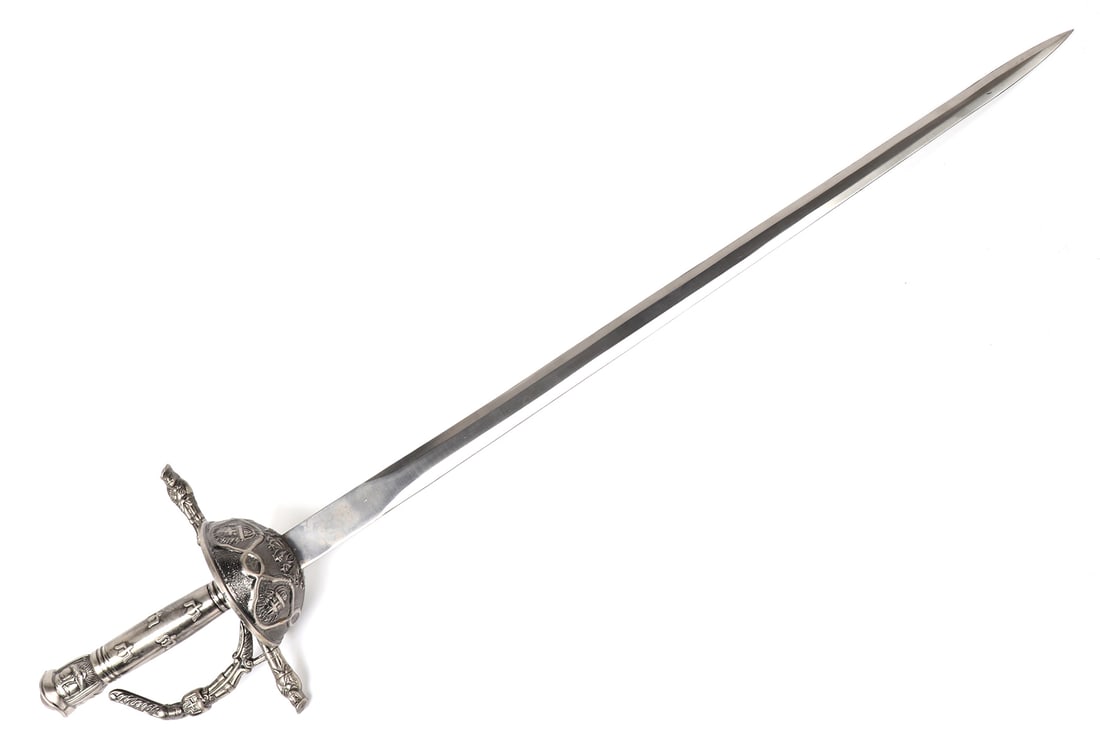 Decorative European Style Cup Hilt Rapier: Large decorative European style cup hilt rapier with figural head pommel. The cup, guard, quillion, handle and pommel in alloy decorated with French fleur de Lis and templar symbols. Pakistan steel bl
