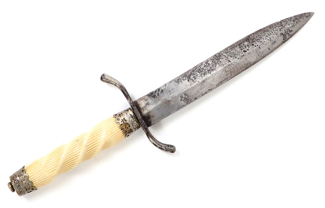 English Bone & Silver Knife: English knife with a turned bones handle over wood, 19th century. Silver pierced openwork pommel and lower collar. Swept opposing quillion. Double edge blade diamond shape engraved with the letter - I