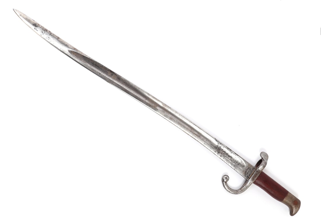 Hunting Sword Bayonet: An unusual French Yatagan style bayonet converted to use as a hunting sword with a filled grip. Marked Solingen to blade and proof stamped throughout. Circa 1870s Size 26 1/2" L, blade 20 1/2" L