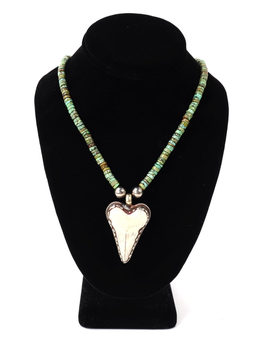 Lovely Mottled Turquoise Bead Necklace w/Shark Tooth Pendant: Well preserved shark tooth mounted handsomely into a scalloped sterling silver bezel, suspended with two large sterling silver spacer beads at the top and dozens of beautiful mottled green turquoise b