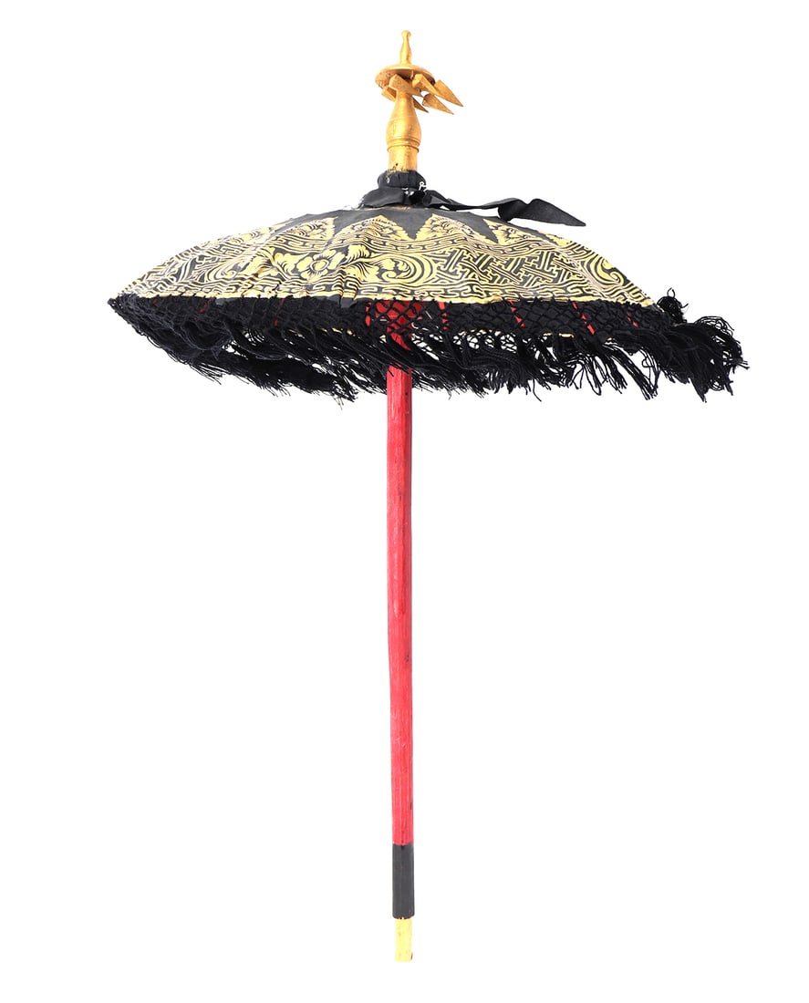 Deep Blue and Gold Balinese Ceremonial Umbrella: Navy blue and gold detailed Balinese ceremonial umbrella, shortened for use as a parasol with the attachment available to make it tall and stand alone. In the Balinese dialect these umbrellas are know