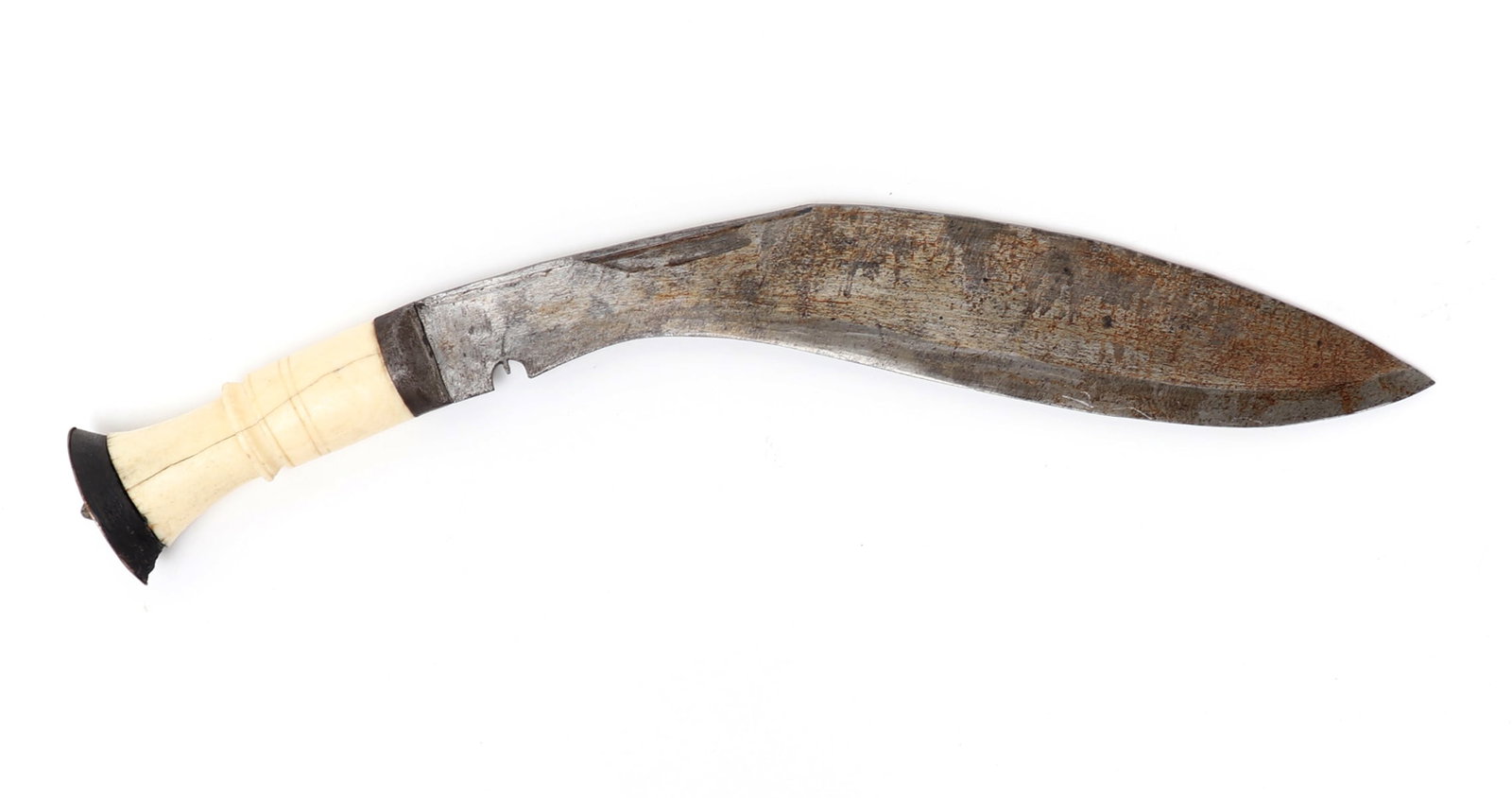 Kukri Laminated Steel Dagger: Nepalese, Gurkha peoples, Kukri dagger. Finely made with a double-edge curved blade in laminated steel. Bovine bone handle with a ebonized pommel. Size 15 3/4" L, blade 11" LEx-California Collection