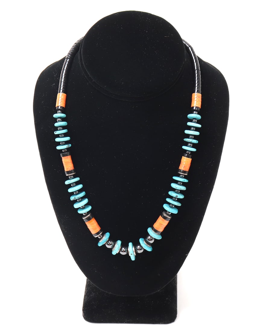 Lovely Turquoise, Spiny Lobster & Jet Necklace: Finely comprised necklace strung from beads in jet, turquoise and spiny lobster, plus gun metal colored spacers to enhance the necklace throughout. Size 18" L. Condition: Wonderful wearable condition 