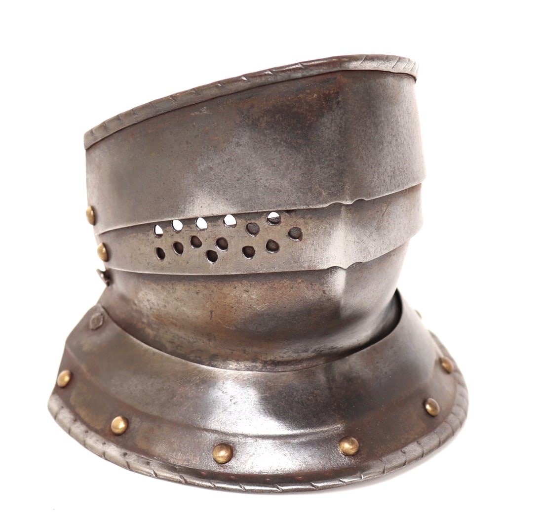 Miniature European Armour - Falling Buffe, 19th c.: European armour miniature falling buffe for an enlarged scale miniature armour. Blued with brass rivets and steel rivets to the attachment components. Pierced to the center lame of the buffe with pier