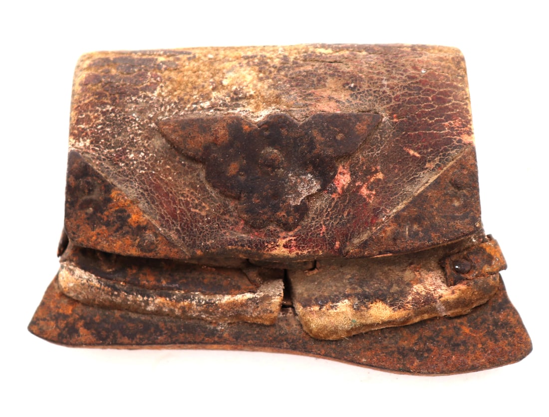 Old Tibetan Flint Starter: Beautifully aged and worn antique Tibetan flint starter constructed of yak leathers and steel mounts. Size 3" W x 1 3/4" HEx-Southwest Collection