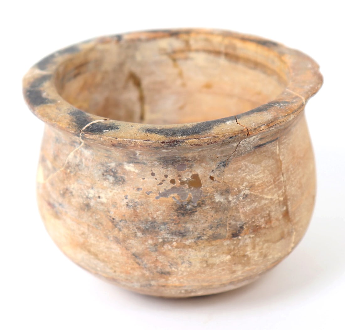 Egyptian Alabaster Bowl, Late Period 664-332BCE: Middle East / Northeast Africa, Egypt, Egyptian alabaster bowl, late period 664BCE - 332BCE. Finely crafted alabaster bowl or cup, squat bulbous body with slightly flared rim. Size 3 1/8" W x 2 1/8" H
