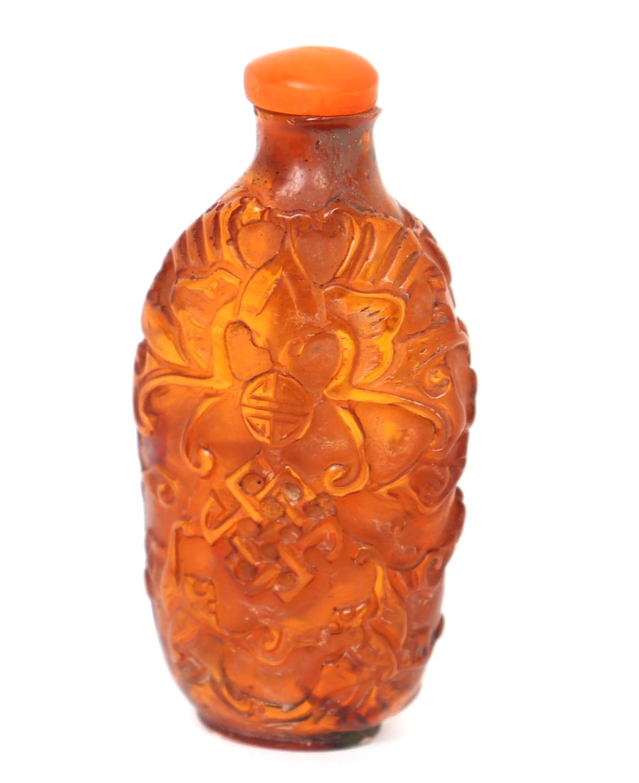 Chinese Imitating Peking Glass Snuff Bottle: Nicely cast Chinese snuff bottle, imitating Peking glass style with designs all in high relief throughout. Size 3" H