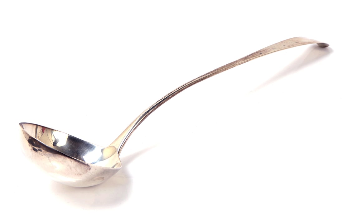 Sterling Silver Punch Bowl Ladle by Hester Bateman 1761-1790: Beautiful large sterling silver spoon or punch bowl ladle with hallmarks reverse, 18th century. Signed by Hester Bateman 1709-1794 the most famous English female silversmith of the 18th century. Heste