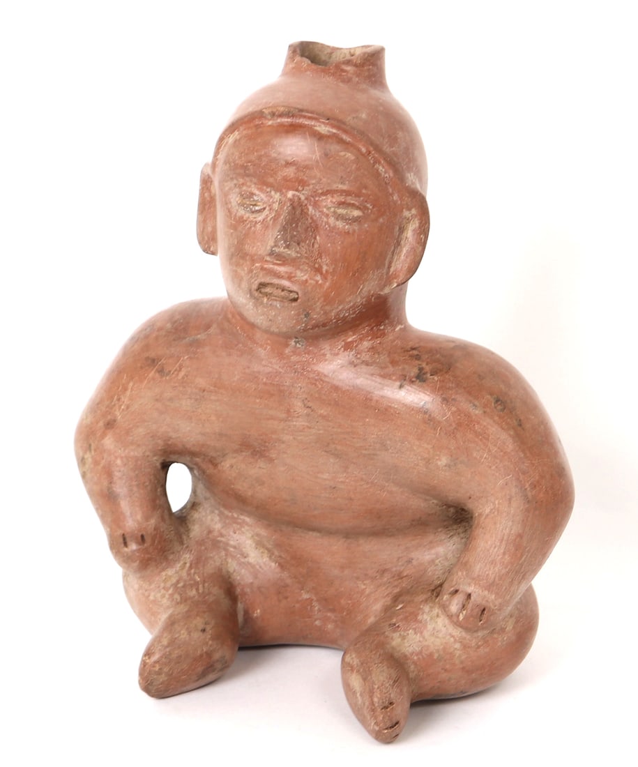 Colima Pottery Hunchback Figure: Pre-Columbian, West Mexico, Colima Culture 200 BCE - 250 CE. Authentic hunchbacked vessel figure in the seated position with each arm resting at the knees. Redware pottery dwarf in a fine finish leani