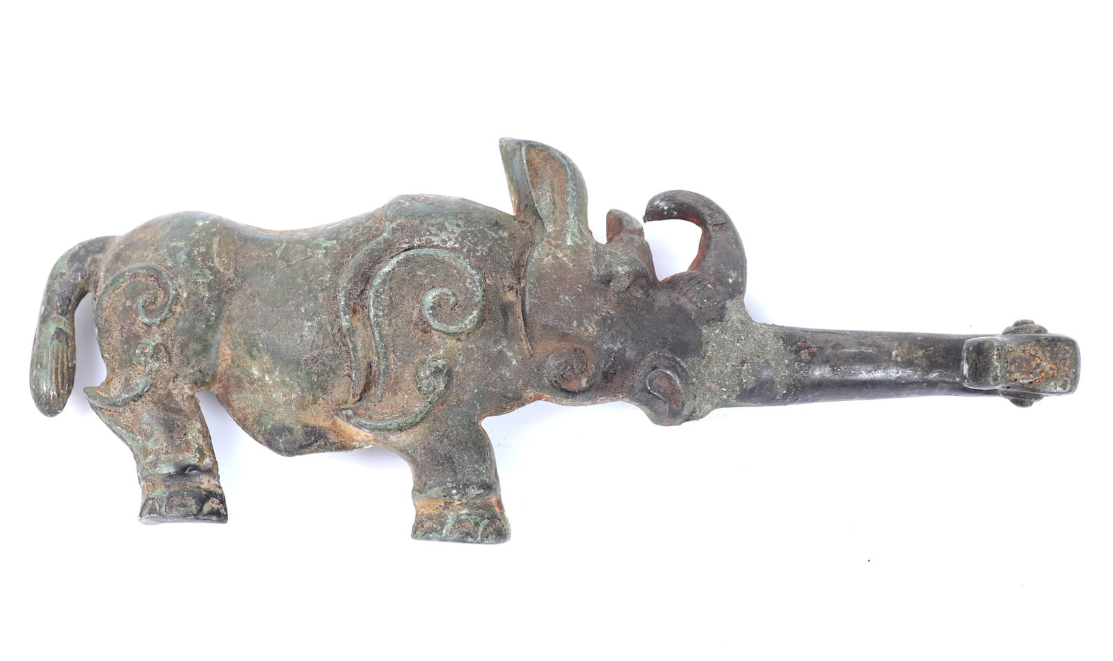 Chinese Archaistic Bronze Animal Belt Hook: Chinese rhinoceros bronze made belt hook with wonderful high relief detailing throughout. Elongated nose acts as a belt hook with horn pointed in the middle. Size 8" L x 3" W, weight 198g
