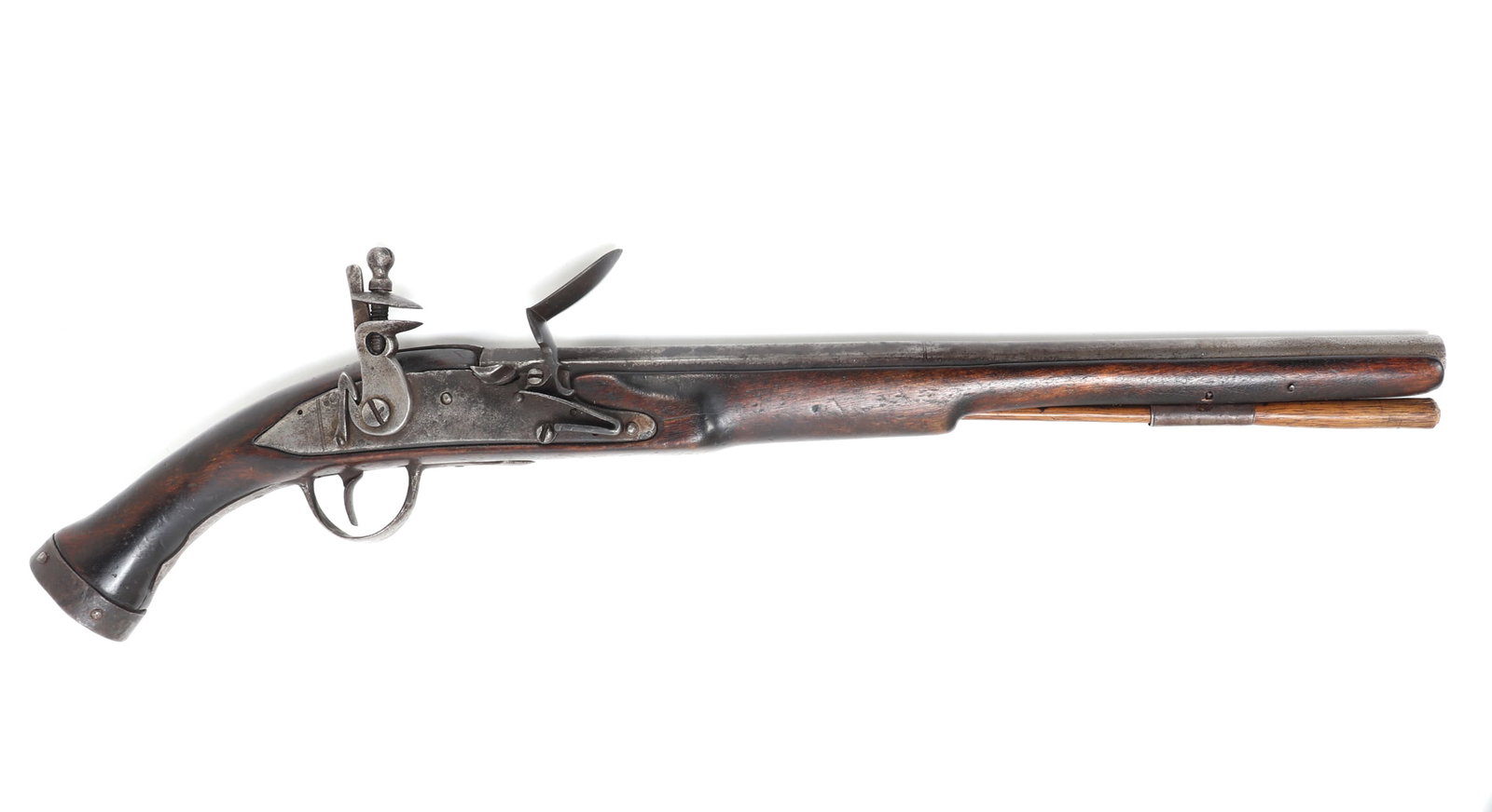 English Civil War Dog Lock Pistol, 17th C.: Rare English Civil War Dog Lock flintlock pistol. 17th century. Barrel octagonal to round with a poof mark to the left side reading (EK). Exposed spring firing mechanism with a dark brown wood stock. 