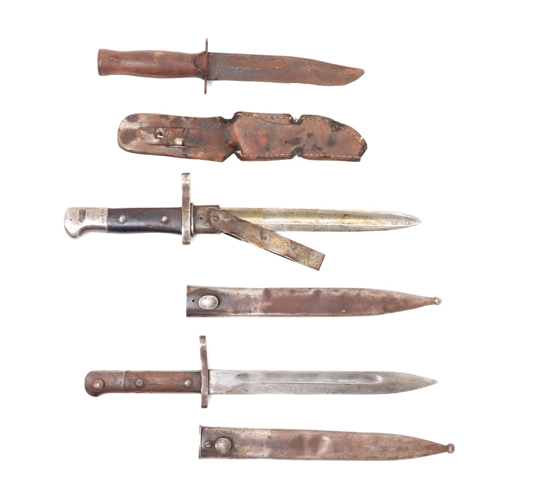 Two Mauser Artillery Bayonets & Mexican Knife: Interesting group of artillery items including. Two similar mauser artillery bayonets with scabbards. Brown handle to one with a single low shallow fuller to one side, reads (43140) to one side and (A