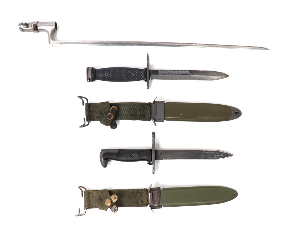 Collection of Three Bayonets: Assorted lot of three military bayonets. One socketed all steel fixed bayonet. Two US military knife bayonets (M16) & (M1 Grand) with scabbards labeled to scabbard M8A1 to each. Size bayonet 21" L Ex-