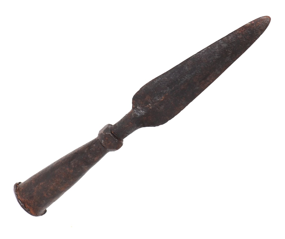 Chinese Spear Head, Qing Dynasty: Antique Chinese spear head with socketed base, Qing Dynasty 1644-1912. Probably closer to the 18th century. Used piece with an elongated think shaft as a military implement. Double edged leaf shape bl