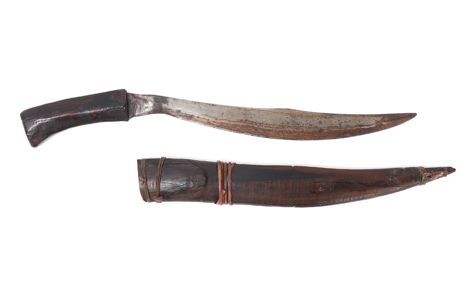 Philippines Visayan Talibon Dagger: Filipino Visayan Talibon dagger with wood sheath. Curved blade with dark wood hilt. Wood scabbard secured with bands of rattan. Size 15 5/8" L overall including scabbard, blade 11" L