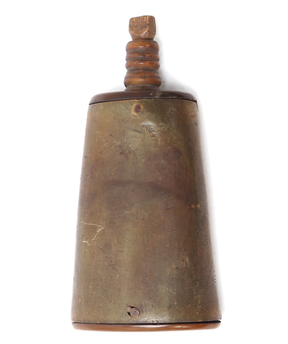 Early European Wheelock Powder Horn, 17th-18th c.: Early European wheellock powder horn with a fruit wood base and top with turned spout. Late 17th or Early 18th century. Size 5 1/2" L Ex-USA Collection
