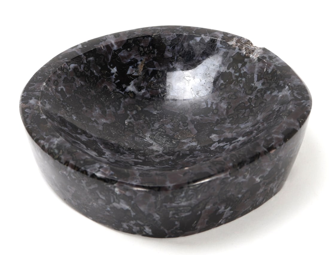 Beautifully Polished Marble Obsidian Bowl: Wonderful small trinket or jewelry polished marble obsidian with incredible white and grey cloud like inclusions throughout. Size 6" L x 6" W x 2" H, weight 1242g