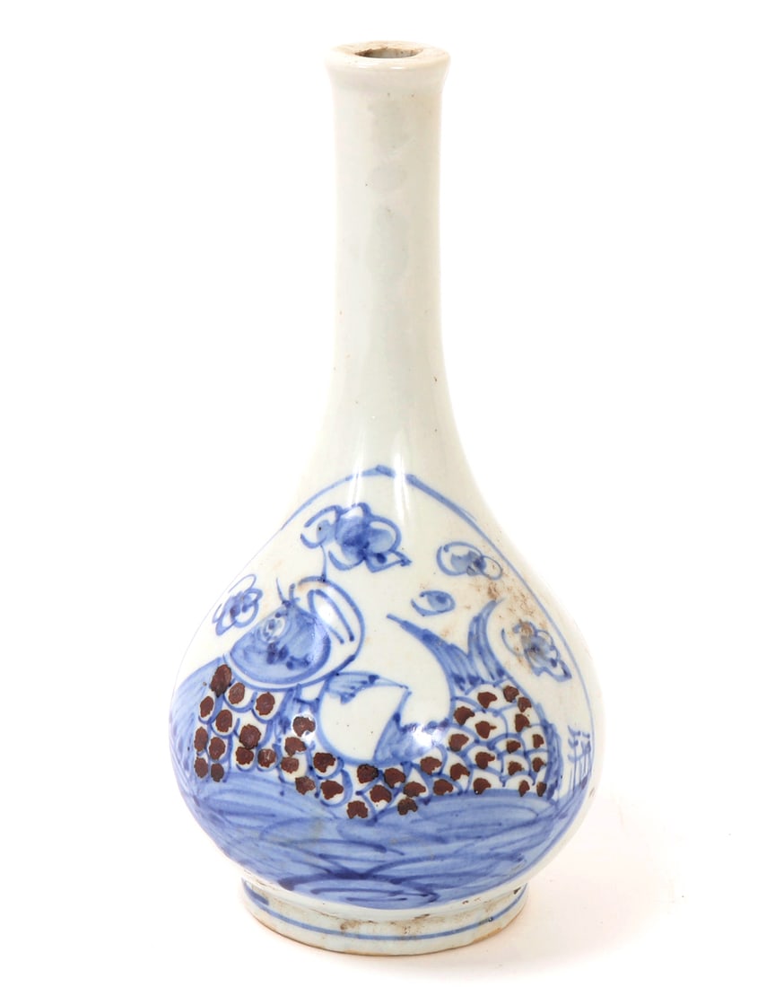 Antique Blue & White Korean Bottle Vase: Beautiful original Korean blue and white (Cheonghwa Baekja) ceramic white glazed vase. Painted to each side in cobalt blue depicting a Sogari fish, or Gwol-eo with iron painted scales. The Sogari are