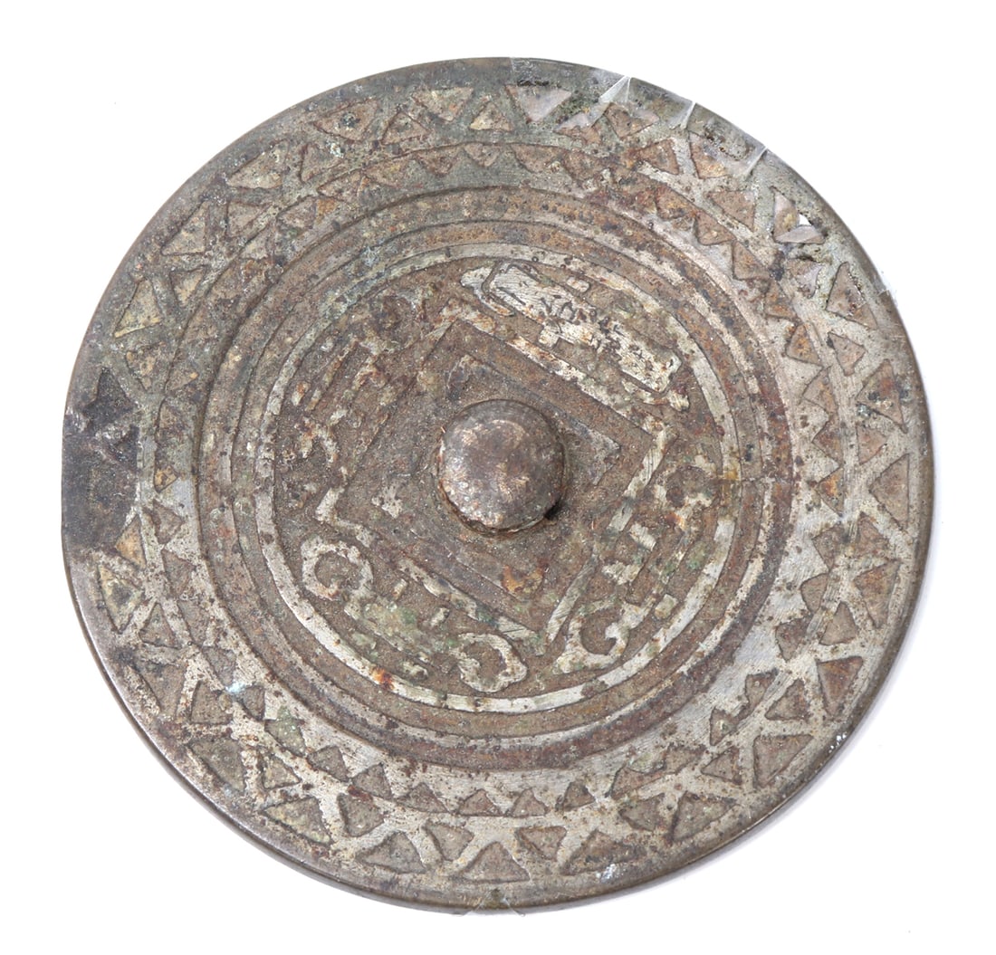 Chinese Bronze Mirror: Chinese bronze mirror with geometric patterns and decoration. size 4" L x 4" W x 1/8" H weight 132gEx-Pasadena Estate