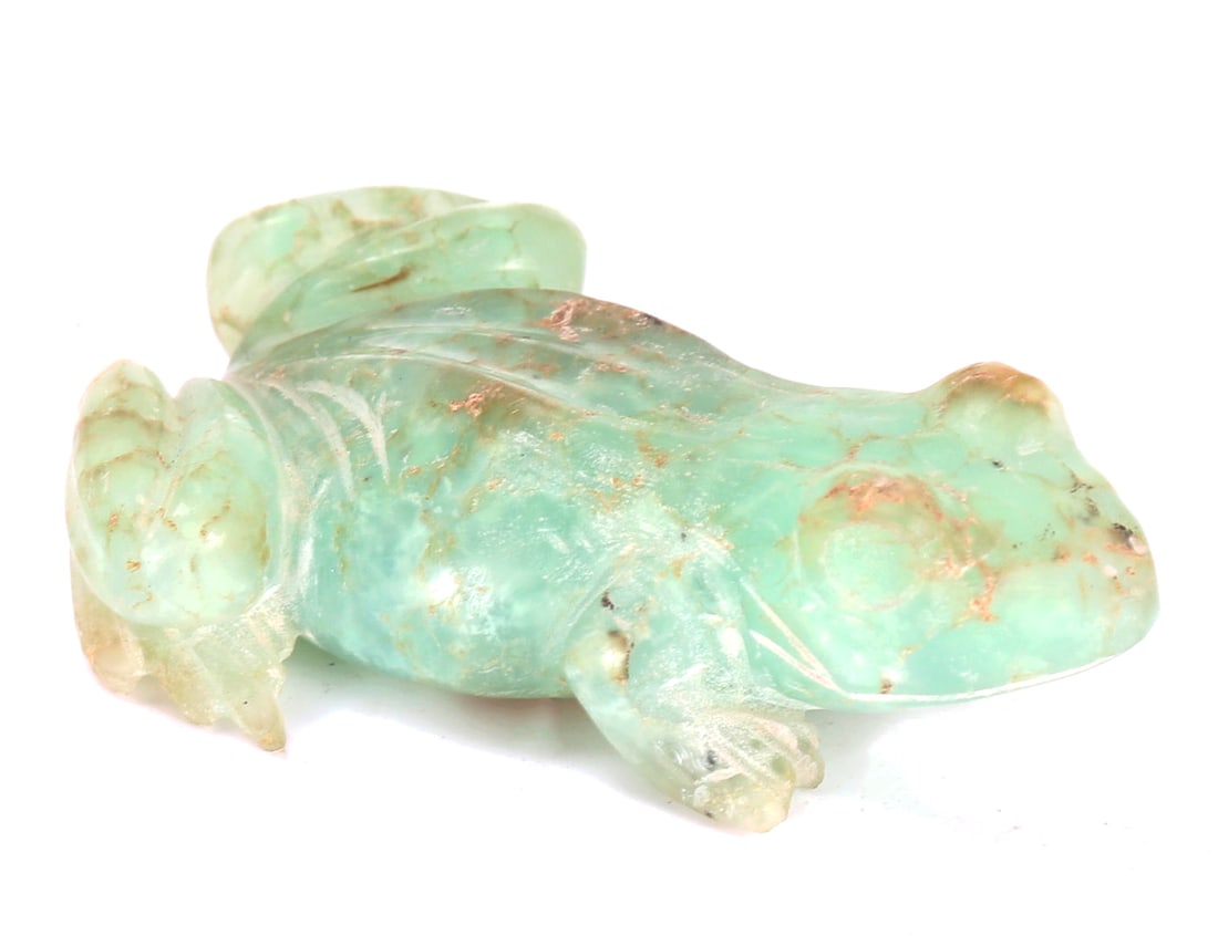 Adorable Chinese Jade Style Frog: Small Chinese jade style stone carving of a recumbent frog with protruding eyes, and elongated fingers for gripping to climb up trees and bound past obstacles. Size 2" L x 1" W x 1" H, weight 25g
