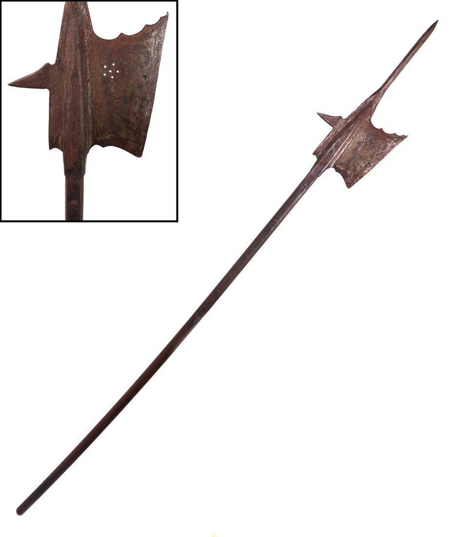 Swiss Halberd Polearm, 15th C. Style: Well made Swiss halberd polearm in the 15th century style with excellent form. The head with a large central four sided spike, a broad flat face with grouping of six piercings and rear spike. Axe head