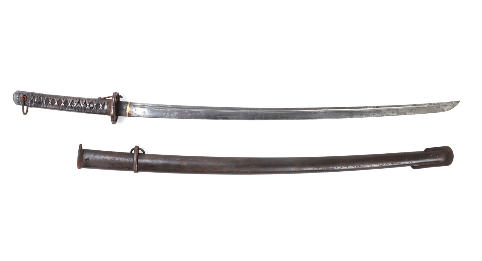 Japanese NCO Style Officers Sword: Japanese NCO style officers sword with scabbard. All-steel scabbard with single belt loop. Single edge katana length blade with a single fuller and engraved serial numbers reading (14196). All metal h