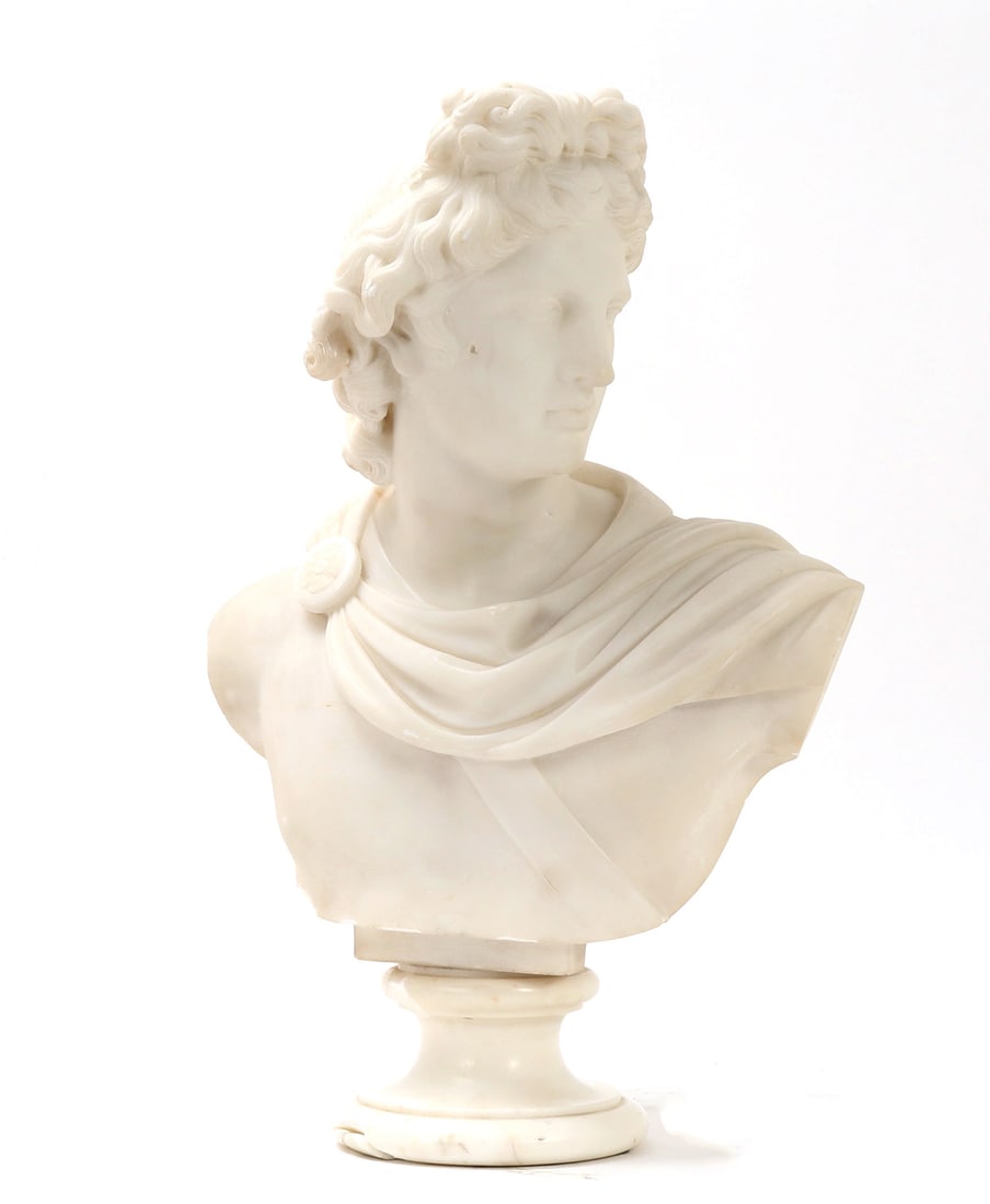 Late 19th C. Italian Marble Bust of Apollo: Late 19th to early 20th century fine Italina marble bust of Apollo. Bust rests upon turned socle. Size 19 1/4" H, weight 47 lbs 8.8 oz. Requires 3rd party packing and shipping.
