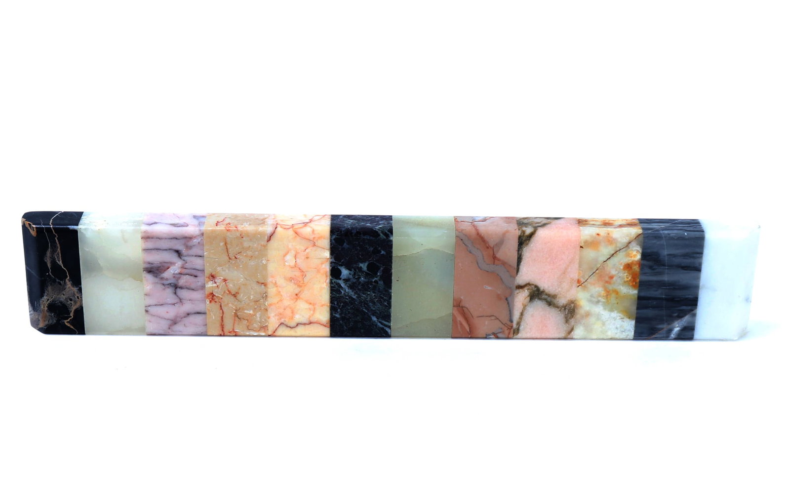 Grand Tour Italian Marble Specimen Stone: Italian marble specimen stone paperweight ruler with carved and polished sections of varied stones in one inch increments. Size 11 7/8" L