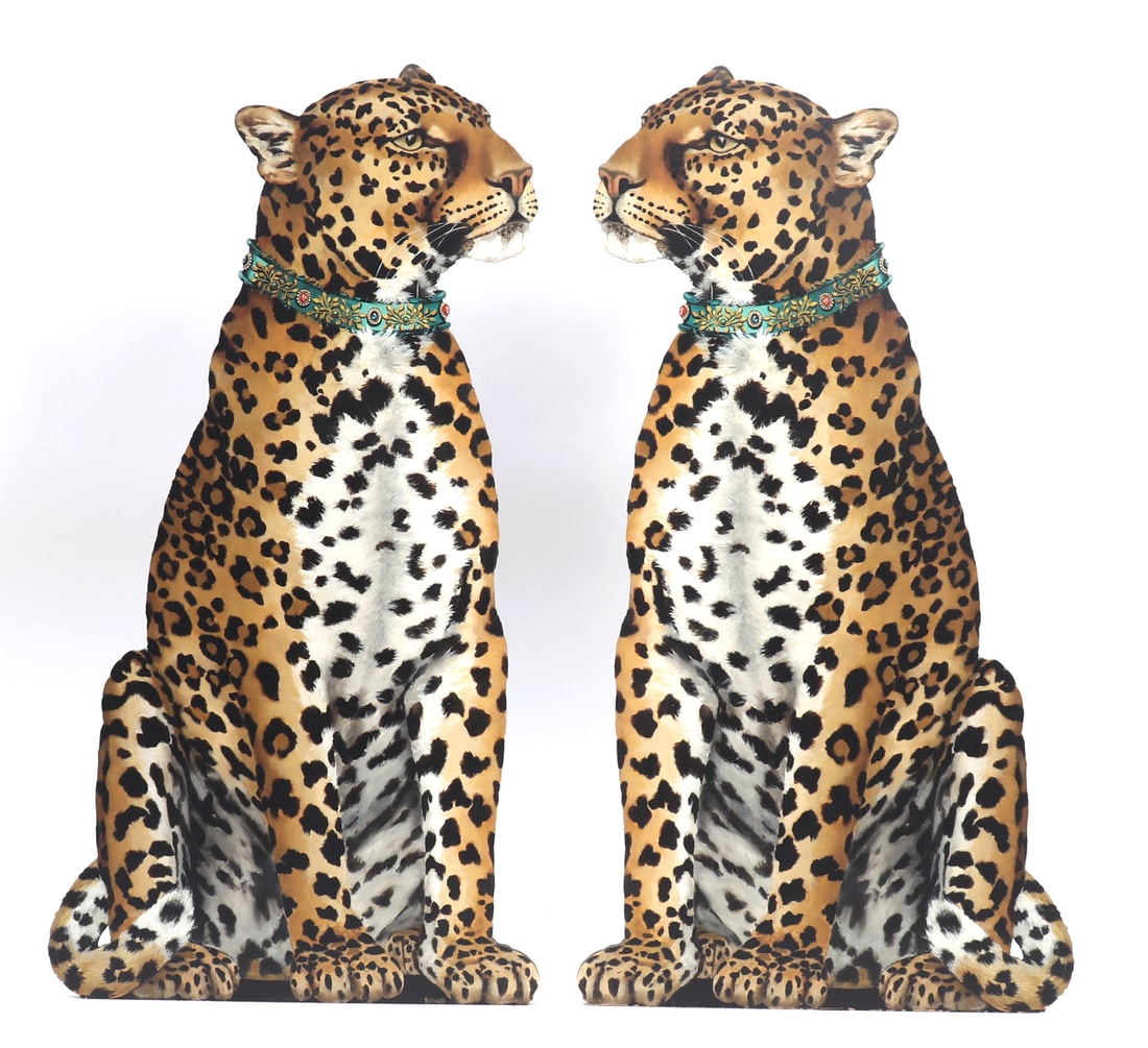 Pair of Leopard Wooden Silhouettes by Katherine Barnell: Excellent and adorable leopard silhouettes in life size by Katherine Barnell signed to the lower section. Each leopard facing one another with beautifully gem set and gold decorated collars in green.