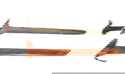 19th C. Philippines Moro Kris Sword w/ Scabbard: 19th century Filipino Moro kris sword with wood scabbard. Kris blade is double edged and straight, secured with asang. Metal collar above wrapped bands of fiber. Carved kakatua pommel. Size 27" L, bla