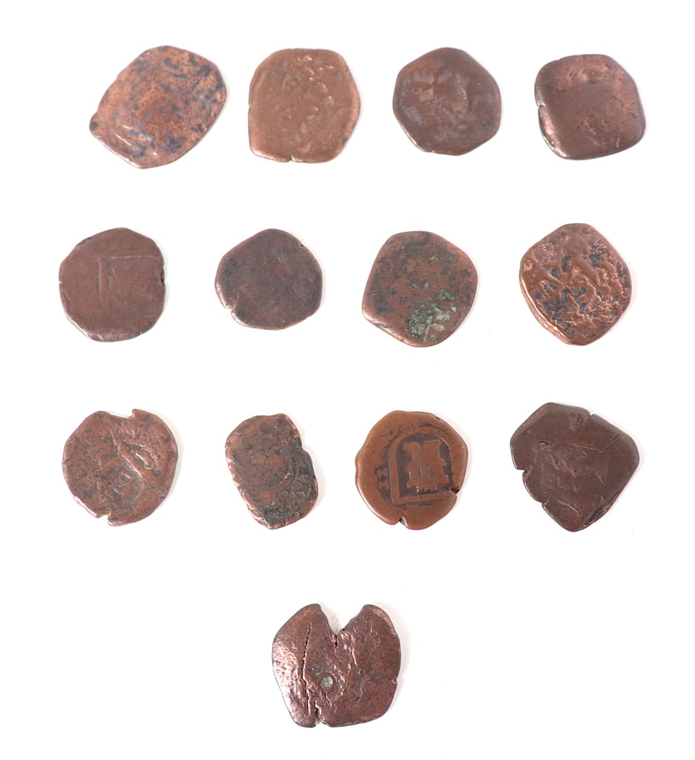 Collection of 13 Shipwreck 'Copper Cob' Coins, Early 1600s (1 of 2)