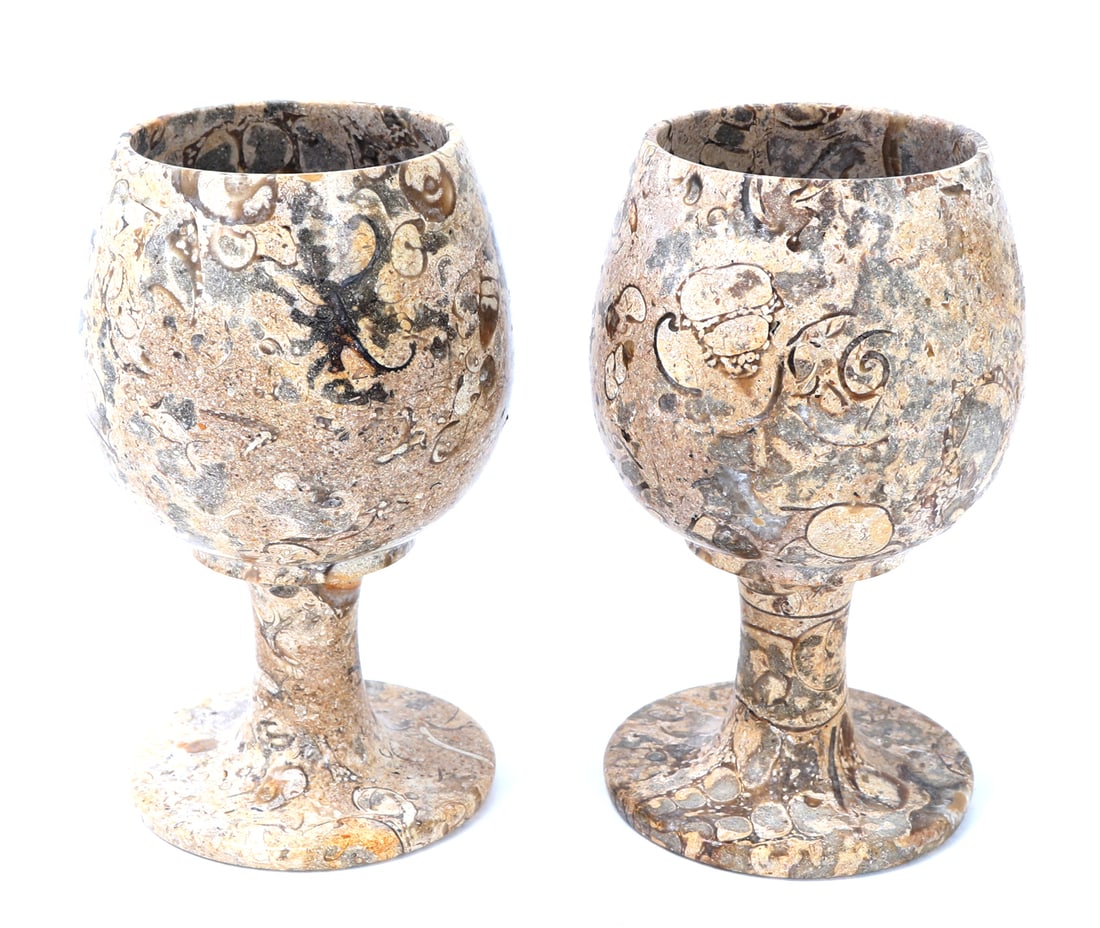Pair of Finely Carved Fossil Goblets: Beautifully carved fossils shaped into an adorable pair of goblets. Natural earthen deposits throughout with incredible earth root marks throughout. Short squat form with a large hollowed out cup. Thi