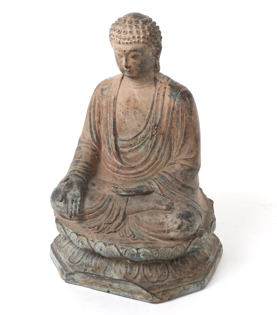 Seated Bronze Varada Mudra Buddha: Chinese bronze seated Buddha, probably 20th century. Buddha seated in the lotus position of meditation over a double lotus flower. His right hand with palm outward and extending down. Left hand to his