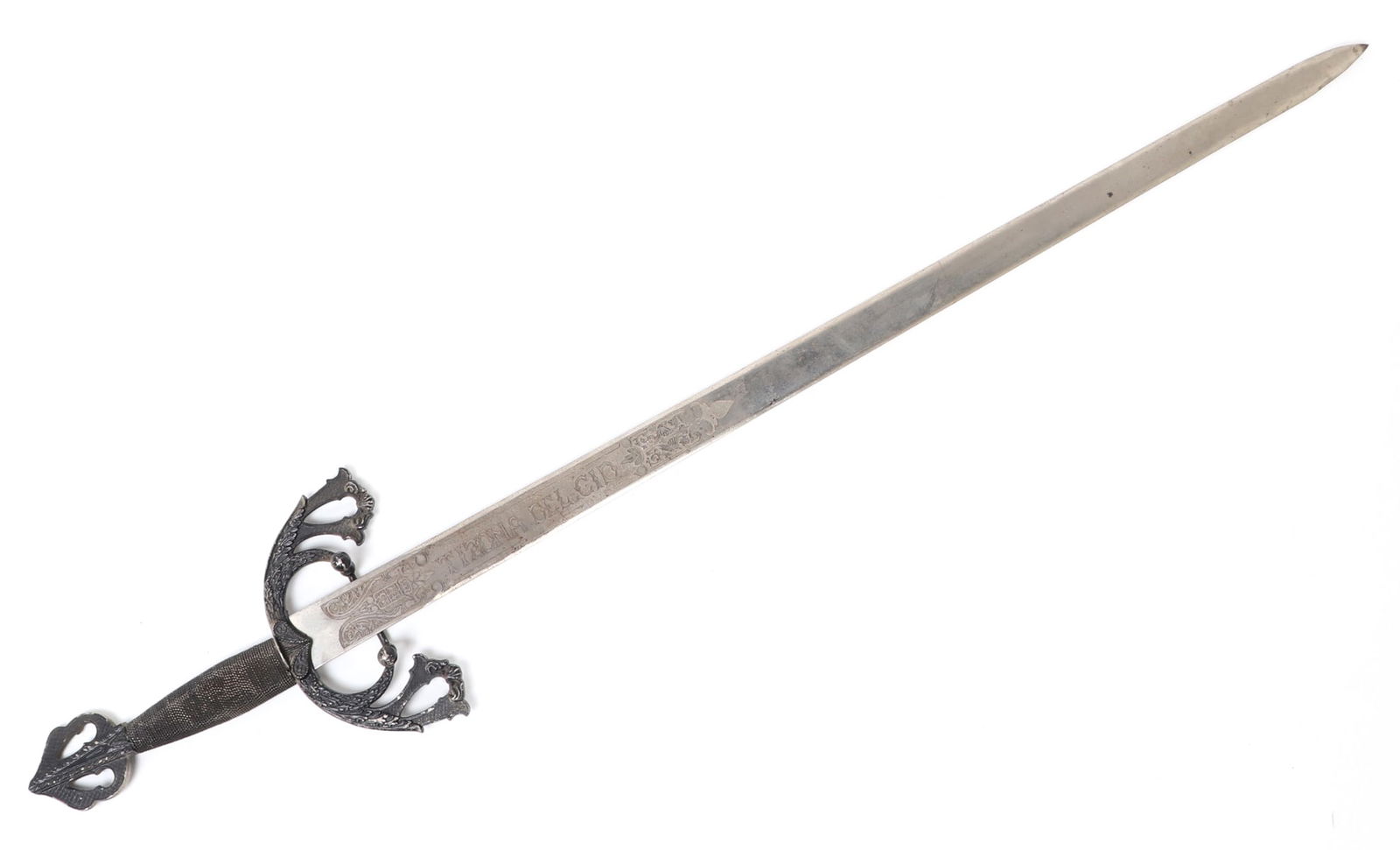 Toledo Sword of El Cid Tizona style: Old decorative sword in the style of El Cid Tizona swords with downturned crab claw crossguard. Double edge blade etched with deep patterns of scrolling motifs. Etched panels with the Spanish coat of